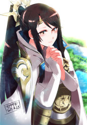 Rule 34 | 1girl, armor, artist name, black hair, blurry, blush, circlet, cloak, dated, depth of field, fingerless gloves, fire emblem, fire emblem fates, gloves, hair ornament, own hands clasped, interlocked fingers, kinokisaki, long hair, looking at viewer, mikoto (fire emblem), nintendo, orange eyes, own hands together, ponytail, sidelocks, smile, solo, upper body, white gloves