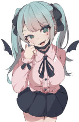 Rule 34 | 1girl, cowboy shot, fangs, hair ornament, hatsune miku, heart, heart ring, highres, jewelry, long hair, long sleeves, looking at viewer, mask, mask pull, mochiyo, mouth mask, open mouth, ribbon, shirt, simple background, skirt, smile, solo, twintails, vampire (vocaloid), vocaloid