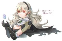 Rule 34 | 1girl, armor, black armor, black cape, black hairband, breasts, cape, cleavage, closed mouth, corrin (female) (fire emblem), corrin (fire emblem), fire emblem, fire emblem fates, hairband, long hair, nintendo, pointy ears, red eyes, robaco, simple background, solo, torn cape, torn clothes, upper body, white background, white hair