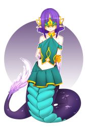 Rule 34 | 1girl, animal hands, arms behind back, artist request, bare shoulders, basilisk (monster girl encyclopedia), blunt bangs, blush, child, choker, claws, closed mouth, commission, covered eyes, facing viewer, feathers, full body, gem, green skirt, hand on own arm, highres, lamia, mask, medium hair, monster girl, monster girl encyclopedia, navel, pleated skirt, pointy ears, purple hair, scales, skirt, solo, standing
