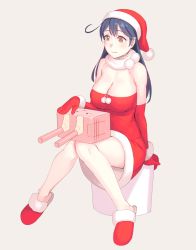 Rule 34 | 1girl, ahoge, bare legs, bare shoulders, blue hair, blush, breasts, brown eyes, cleavage, closed mouth, dress, elbow gloves, full body, gloves, hat, highres, kantai collection, knees together feet apart, large breasts, long hair, mittens, pink background, pom pom (cheerleading), red dress, red gloves, red hat, red mittens, santa costume, santa hat, scarf, short dress, simple background, sitting, slippers, smile, solo, ushio (kancolle), white scarf, yuuji (and)