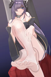 Rule 34 | 1girl, absurdres, august von parseval (azur lane), azur lane, barefoot, blue eyes, feet, hair over one eye, highres, light blush, long hair, looking at viewer, purple hair, shaded face, sitting, smile, soles, toes