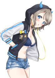 Rule 34 | 1girl, badge, blue bra, blue eyes, blush, bra, breasts, brown hair, cleavage, denim, denim shorts, earphones, hand in pocket, highres, hood, horned hood, horns, jacket, lace, lace-trimmed bra, lace trim, looking at viewer, love live!, love live! school idol festival, love live! sunshine!!, medium breasts, sankuro (agoitei), short hair, short shorts, shorts, simple background, solo, star (symbol), underwear, watanabe you, white background