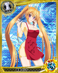 Rule 34 | 1girl, apron, bare shoulders, blush, breast hold, breasts, card (medium), character name, chess piece, cleavage, high school dxd, large breasts, long hair, looking at viewer, official art, orange hair, purple eyes, rook (chess), shidou irina, solo, trading card, twintails, very long hair