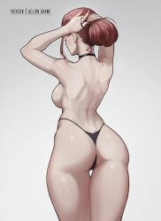 Rule 34 | 1girl, aelion draws, aliyah (aelion), ass, back, bare back, blush, breasts, choker, commentary, curvy, english commentary, eyelashes, from behind, hair tie, highres, medium breasts, original, panties, patreon username, red hair, shoulder blades, sideboob, sweat, thick thighs, thighs, thong, toned, topless, tying hair, underwear