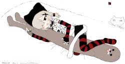 Rule 34 | 1girl, :d, bed, black eyes, black gloves, black thighhighs, blush, cat, character request, copyright request, dakimakura (object), elbow gloves, fingerless gloves, gloves, hat, jewelry, mlticolored thighhighs, open mouth, pillow, red gloves, red thighhighs, ring, smile, source request, striped clothes, striped gloves, striped thighhighs, tail, thighhighs, vreparty