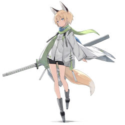 Rule 34 | 1girl, animal ears, blonde hair, boots, fox ears, fox tail, highres, jacket, looking at viewer, original, poco (asahi age), scarf, short hair, shorts, solo, sword, tail, weapon, white background