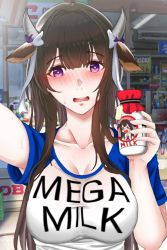 Rule 34 | 1girl, animal ears, azur lane, blush, bottle, breasts, brown hair, convenience store, cow ears, cow girl, embarrassed, hime cut, kashino (azur lane), kawacchi, large breasts, long hair, looking at viewer, mega milk, milk, milk bottle, nose blush, open mouth, purple eyes, selfie, shirt, shop, solo, sweat, tight clothes, tight shirt, upper body