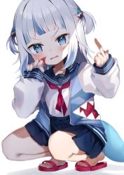 Rule 34 | 1girl, bad id, bad pixiv id, blood, blood on face, blouse, blue nails, blue sailor collar, blue skirt, blunt bangs, blush, fingernails, gawr gura, highres, hololive, hololive english, jacket, long sleeves, looking at viewer, middle finger, miniskirt, multicolored hair, nail polish, neckerchief, noi mine, open clothes, open jacket, open mouth, pleated skirt, raglan sleeves, red neckerchief, sailor collar, sandals, shirt, simple background, skirt, sleeves past wrists, solo, squatting, streaked hair, tail, two side up, v-shaped eyebrows, virtual youtuber, white background, white hair, white shirt