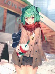 Rule 34 | :3, absurdres, aqua hair, bag, black skirt, brown jacket, buttons, cowboy shot, double bun, drinking straw, facing viewer, hair bun, handbag, highres, hololive, huge filesize, jacket, looking at viewer, medium hair, open mouth, outdoors, outstretched arm, plaid, plaid scarf, print cup, red eyes, red scarf, scarf, shiina aoi, skirt, solo, sweater vest, thighs, twitter username, uruha rushia, virtual youtuber
