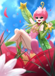 Rule 34 | 1girl, absurdres, ass, boots, digimon, dress, flower, highres, leaf, legs, lilimon, petals, pink dress, plant, skirt, smile, thighs, thighs together, thorns