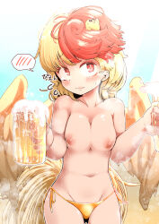 Rule 34 | 1girl, absurdres, alcohol, alternate costume, animal, animal on head, beer, beer mug, bikini, bikini bottom only, bird, bird on head, bird tail, bird wings, blonde hair, blush, breasts, breasts squeezed together, chick, closed mouth, commentary request, cup, gold bikini, groin, highres, looking at viewer, medium bangs, medium breasts, medium hair, mug, multicolored hair, navel, nipples, niwatari kutaka, on head, red eyes, red hair, shika miso, solo, spoken blush, star-shaped eyewear, star (symbol), sunglasses, sweat, swimsuit, tail, topless, touhou, two-tone hair, upper body, wavy mouth, wings, yellow wings