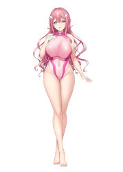 Rule 34 | 1girl, absurdres, bare shoulders, barefoot, blue eyes, breasts, commentary request, covered navel, crossed legs, feet, hand on own chest, highres, large breasts, long hair, looking at viewer, one-piece swimsuit, original, pink hair, pink one-piece swimsuit, satou kuuki, sidelocks, simple background, solo, swimsuit, tachi-e, thick thighs, thighs, toes, very long hair, wavy hair, white background