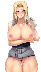 Rule 34 | 1girl, absurdres, arm under breasts, blonde hair, blush, bottomless, breasts, breasts out, brown eyes, cleavage, cleft of venus, female pubic hair, highres, huge breasts, jmg, lactation, large breasts, liquid, naruto, naruto (series), naruto shippuuden, nipples, pubic hair, pussy, raised eyebrows, shirt, solo, standing, steam, steaming body, suggestive fluid, tongue, tongue out, tsunade (naruto)
