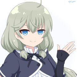 Rule 34 | &gt;:), 1girl, ahoge, assault lily, black ribbon, blue eyes, buttons, center frills, closed mouth, commentary request, cropped jacket, detached sleeves, frilled shirt, frilled shirt collar, frills, gradient background, grey background, grey hair, hair between eyes, hand up, highres, kanabako misora, long hair, long sleeves, looking at viewer, neck ribbon, open hand, piatin, ribbon, shirt, short sleeves, sleeves past wrists, smile, solo, twitter username, upper body, v-shaped eyebrows, white background, white shirt