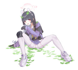 Rule 34 | 1girl, absurdres, ahoge, animal ears, armband, black armband, black gloves, blue archive, blue serafuku, blunt bangs, blush, bright pupils, commentary, fake animal ears, falling leaves, frown, full body, gloves, green neckerchief, grey background, halo, hand up, highres, knee pads, knees up, leaf, long hair, long sleeves, looking to the side, miniskirt, miyu (blue archive), moguri (kxh5061), neckerchief, nervous, open mouth, panties, panties under pantyhose, pantyhose, pleated skirt, rabbit ears, red eyes, school uniform, serafuku, sidelocks, simple background, single knee pad, sitting, skirt, solo, spread legs, straight hair, teardrop, underwear, white background, white footwear, white pantyhose, white pupils