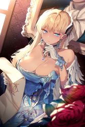 Rule 34 | 1girl, absurdres, blonde hair, blue eyes, breasts, cleavage, dress, earrings, gloves, headgear, highres, jewelry, large breasts, long hair, mendou kusai, necklace, painting (object), solo, strapless, strapless dress