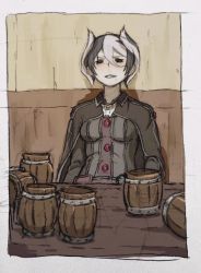 Rule 34 | 1girl, black cape, black eyes, black hair, black jacket, blush, cape, commentary request, cup, desk, drunk, hair between eyes, highres, jacket, long sleeves, looking at viewer, made in abyss, mi (pic52pic), mug, multicolored hair, ozen, parted lips, pouch, short hair, sitting, sketch, smile, solo, sweatdrop, two-tone hair, white hair