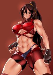 Rule 34 | 1girl, abs, bowalia, breasts, brown background, brown eyes, brown hair, fingerless gloves, gloves, injury, large breasts, long hair, looking at viewer, midriff, muscular, muscular female, original, ponytail, red shorts, shorts, simple background, solo, thick thighs, thighs