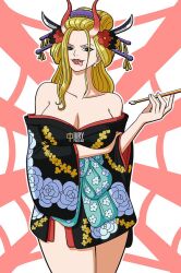 Rule 34 | black kimono, black maria (one piece), blonde hair, blue eyes, breasts, cleavage, earrings, hair ornament, horns, iury padilha, japanese clothes, jewelry, kimono, kimono on shoulders, kimono skirt, large breasts, one piece, smoking pipe, tagme, thighs, tongue, tongue out, wide hips