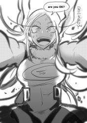 Rule 34 | 1girl, animal ears, blurry, boku no hero academia, breasts, commentary request, dark-skinned female, dark skin, depth of field, english text, greyscale, highres, leotard, looking at viewer, mirko, monochrome, nstime23, pov, rabbit ears, solo, speech bubble