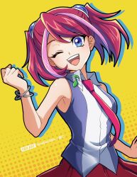 Rule 34 | 1girl, ;d, bare arms, blue eyes, bracelet, collared shirt, hair ornament, highres, hiiragi yuzu, jewelry, long hair, looking at viewer, multicolored hair, necktie, one eye closed, open mouth, pink hair, pleated skirt, raijin-bh, red hair, red necktie, red skirt, shirt, skirt, sleeveless, sleeveless shirt, smile, solo, streaked hair, twintails, twitter username, wing collar, yellow background, yu-gi-oh!, yu-gi-oh! arc-v