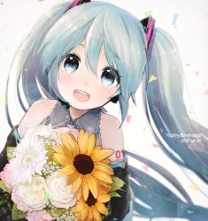 Rule 34 | 1girl, 2018, :d, black sleeves, blue eyes, blue hair, bouquet, collared shirt, dated, detached sleeves, ebi (yzpiyo039), floating hair, flower, grey shirt, hair between eyes, happy birthday, hatsune miku, headphones, headset, holding, holding bouquet, long hair, looking at viewer, microphone, open mouth, shirt, sleeveless, sleeveless shirt, smile, solo, sunflower, upper body, very long hair, vocaloid, white background, white flower, wing collar, yellow flower