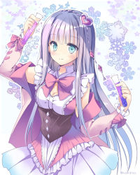 Rule 34 | 1girl, atelier (series), atelier lulua, bad id, bad pixiv id, blue eyes, bow, bowtie, closed mouth, corset, cowboy shot, elmerulia fryxell, frills, grey hair, hair ornament, heart, heart hair ornament, hoshino koucha, long hair, looking at viewer, pink bow, skirt, smile, snowflakes, solo, standing, star (symbol), very long hair, white background, white skirt