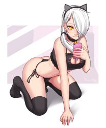 Rule 34 | 10s, 1girl, 2017, andrea vaeyl, animal ears, artist name, ass, bad id, bad tumblr id, bell, black bra, black panties, black thighhighs, blush, bra, breasts, bulge, cat cutout, cat ears, cat girl, cat lingerie, cellphone, choker, cleavage, cleavage cutout, clothing cutout, female focus, hair ornament, hair over one eye, hairclip, kneeling, large breasts, lingerie, long hair, looking at viewer, meme attire, nail polish, neck bell, original, panties, phone, pink nails, ponytail, razalor, side ponytail, smartphone, smile, socks, solo, thighhighs, underwear, underwear only, white hair, yellow eyes