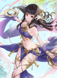 Rule 34 | 1girl, alternate costume, armpit crease, au ra, bandeau, black hair, breasts, chakram, commission, dancer, dancer (final fantasy), dual wielding, final fantasy, final fantasy xiv, floating hair, gold, gold trim, harem outfit, haru (nakajou-28), highres, holding, long hair, looking at viewer, medium breasts, navel, parted lips, pelvic curtain, purple bandeau, red eyes, skeb commission, solo, stomach, thighlet, thighs, warrior of light (ff14), weapon