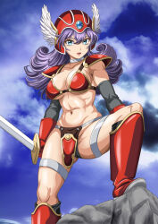 1girl abs anri_(holy) aqua_eyes armor armored_boots bikini_armor boots breasts curly_hair dragon_quest dragon_quest_iii groin hair_between_eyes helmet highres holding holding_sword holding_weapon large_breasts lips navel open_mouth purple_hair red_armor red_footwear red_helmet shoulder_armor soldier_(dq3) solo stomach sword toned toned_female weapon winged_helmet