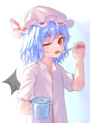 Rule 34 | 1girl, absurdres, ayo rimaisu, bat wings, blue hair, brushing teeth, cup, fangs, hat, hat ribbon, highres, holding, holding cup, holding toothbrush, looking at viewer, nail polish, one eye closed, open mouth, partially unbuttoned, red eyes, red nails, red ribbon, remilia scarlet, ribbon, shirt, short hair, solo, toothbrush, touhou, white background, white hat, white shirt, wings