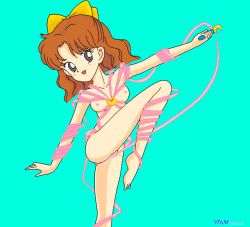 Rule 34 | 1990s (style), 1girl, 4bpp, aqua background, bishoujo senshi sailor moon, bow, breasts, brown eyes, brown hair, hair bow, leg lift, naked ribbon, nipples, nude, oosaka naru, open mouth, pussy juice, retro artstyle, ribbon, short hair, simple background, small breasts, smile, solo, standing, standing on one leg, transformation, wand, wavy hair