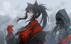 Rule 34 | 1girl, 1other, animal ears, arknights, belt, black necktie, blood, blood on face, blood splatter, cigarette, commission, doctor (arknights), gloves, holding, holding cigarette, kankan33333, looking afar, necktie, parted lips, ponytail, red gloves, red shirt, shirt, skeb commission, smoke, smoke trail, smoking, suspenders, texas (arknights), texas (willpower) (arknights), upper body, utility pole, wolf ears