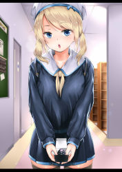 Rule 34 | 1girl, :o, amasora taichi, beret, black thighhighs, blue skirt, blurry, blush, board, bookshelf, breasts, carpet, ceiling, chestnut mouth, chocolate, commentary request, cowboy shot, depth of field, door, eyelashes, floor, gift, glint, hair tie, hat, highres, holding, holding gift, incoming gift, indoors, letterboxed, library, long hair, long sleeves, looking at viewer, low twintails, medium breasts, miniskirt, neckerchief, original, pink lips, pleated skirt, school uniform, serafuku, shade, skindentation, skirt, solo, swept bangs, thighhighs, toilet symbol, twintails, v arms, valentine, wall, white hat