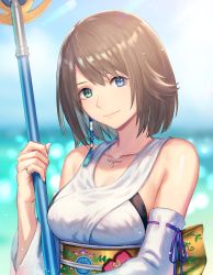 Rule 34 | 1girl, anbe yoshirou, blue eyes, breasts, brown hair, closed mouth, detached sleeves, final fantasy, final fantasy x, green eyes, hair ornament, heterochromia, highres, holding, japanese clothes, jewelry, looking at viewer, necklace, short hair, solo, staff, weapon, yuna (ff10)