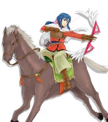 Rule 34 | 1girl, arrow (projectile), belt, blue eyes, blue hair, boots, bow, bow (weapon), cape, feathers, gloves, horse, horseback riding, long hair, low ponytail, nera (vestaria saga), quiver, r n, riding, solo, vestaria saga, weapon, white background