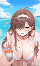 1girl 1other bikini black_choker breasts brown_eyes brown_hair can choker cleavage deyui drink_can eyes_visible_through_hair fortissimo hair_ornament hair_over_one_eye hairband highres holding holding_can indie_virtual_youtuber large_breasts long_hair looking_at_viewer miori_celesta musical_note musical_note_hair_ornament ocean outdoors pov pov_hands star_(symbol) star_choker swimsuit virtual_youtuber white_bikini white_hairband