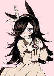 Rule 34 | 1girl, animal ears, black hair, brown dress, brown ribbon, collared dress, commentary request, corrupted twitter file, dress, emapippi, flying sweatdrops, frilled dress, frills, hair over one eye, hands up, heart, heart hands, highres, horse ears, long hair, long sleeves, neck ribbon, parted lips, pink background, puffy long sleeves, puffy sleeves, purple eyes, ribbon, rice shower (umamusume), simple background, sleeves past wrists, solo, swept bangs, umamusume, very long hair, wavy mouth