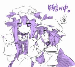Rule 34 | 2girls, bat wings, crescent, female focus, hand puppet, monochrome, multiple girls, patchouli knowledge, puppet, remilia scarlet, spoken squiggle, squiggle, standing, star (symbol), touhou, upper body, white background, wings, yuuta (monochrome)