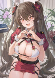 Rule 34 | 1girl, :d, alternate breast size, alternate costume, book, bow, bra, breasts, brown hair, catsmoon, fang, flower, flower-shaped pupils, flower brooch, genshin impact, hair between eyes, hair bow, hair flower, hair ornament, hands up, heart, heart hands, highres, hu tao (genshin impact), large breasts, long hair, microskirt, open mouth, painting (object), pink flower, pink rose, red eyes, red flower, rose, shrug (clothing), sidelocks, sitting, skindentation, skirt, smile, solo, symbol-shaped pupils, thighs, twintails, underwear, very long hair, wavy hair, white bra
