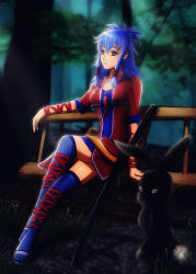 Rule 34 | 1girl, absurdres, blue hair, esther shen, highres, jasmine isecar, sitting, sitting on object, sword, the donnerwald experiment, weapon