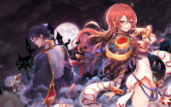 Rule 34 | 1boy, 1girl, 1other, absurdres, black eyes, black hair, breasts, castle, cloud, dog, dress, earrings, feathers, finger to mouth, from side, full moon, highres, jewelry, kiyomasa ren, looking at viewer, looking back, medium breasts, moon, night, night sky, original, outdoors, pointy ears, red eyes, red hair, sky, smoke, star (sky), starry sky