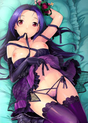 Rule 34 | 00s, 1girl, ahoge, bed, breasts, elbow gloves, gloves, high heels, highres, idolmaster, idolmaster (classic), idolmaster 1, lingerie, lying, md5 mismatch, miura azusa, mouth hold, navel, nekomata naomi, panties, purple hair, purple theme, pussy, red eyes, see-through, shoes, side-tie panties, solo, thighhighs, uncensored, underwear