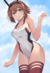 Rule 34 | 1girl, absurdres, bare arms, bare shoulders, beisaku bei, breasts, brown hair, cleavage, closed mouth, collarbone, competition swimsuit, cowboy shot, day, green eyes, hair between eyes, headgear, highres, kantai collection, large breasts, mutsu (kancolle), one-piece swimsuit, red thighhighs, short hair, smile, solo, swimsuit, thighhighs, white one-piece swimsuit