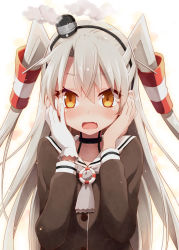 Rule 34 | 10s, 1girl, amatsukaze (kancolle), blush, brown eyes, choker, collarbone, embarrassed, eretto, fang, gloves, hair tubes, hands on own cheeks, hands on own face, kantai collection, long hair, long sleeves, looking at viewer, silver hair, single glove, smoke, solo, twintails, two side up, upper body, white gloves