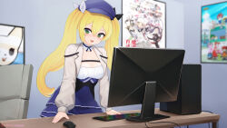 Rule 34 | 1girl, aggressive retsuko, artist name, blonde hair, blush, breasts, cable, chair, commission, computer, desk, digimon, dokibird (vtuber), dress, eroneko senpai, feet out of frame, green eyes, hat, highres, indie virtual youtuber, keyboard (computer), knee up, knees up, long hair, looking at viewer, mahou shoujo ikusei keikaku, medium breasts, monitor, mouse (computer), open mouth, picture frame, portrait, shirt, solo, standing, twintails, virtual youtuber, watermark