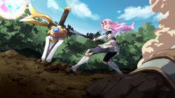 Rule 34 | 1girl, armor, blue sky, broken horn, commentary request, cosplay, day, hair ornament, highres, horns, indie virtual youtuber, kanehira ame, league of legends, long hair, looking away, lux (league of legends), lux (league of legends) (cosplay), outdoors, pink eyes, pink hair, planted, planted sword, planted weapon, shining shoot (pose), sky, solo focus, staff, standing, sword, totomono, virtual youtuber, weapon
