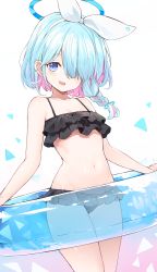 Rule 34 | 1girl, arona (blue archive), bare arms, bare shoulders, bikini, black bikini, blue archive, blue eyes, blue hair, braid, flat chest, frilled bikini, frills, hair ribbon, halo, highres, innertube, long hair, mou tama maru, multicolored hair, navel, pink hair, ribbon, simple background, solo, standing, stomach, swim ring, swimsuit, transparent, two-tone hair, white background, white ribbon