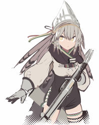 Rule 34 | 1girl, absurdres, arknights, black shorts, brown eyes, eyebrows hidden by hair, fartooth (arknights), feather hair, gloves, grey gloves, grey hair, hair between eyes, highres, holding, holding weapon, looking at viewer, short shorts, shorts, simple background, solo, tetuw, v-shaped eyebrows, visor (armor), weapon, white background